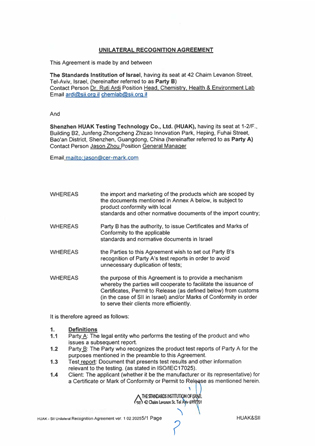 Unilateral Recognition Agreement-Shenzhen Huak Testing Lab